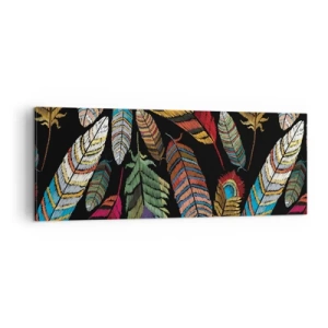 Quadro su tela - Stampe su Tela - Piume colorate su sfondo nero - 140x50cm - Il carnevale degli uccelli - Decorazione murale moderna per soggiorno e camera da letto ARTTOR