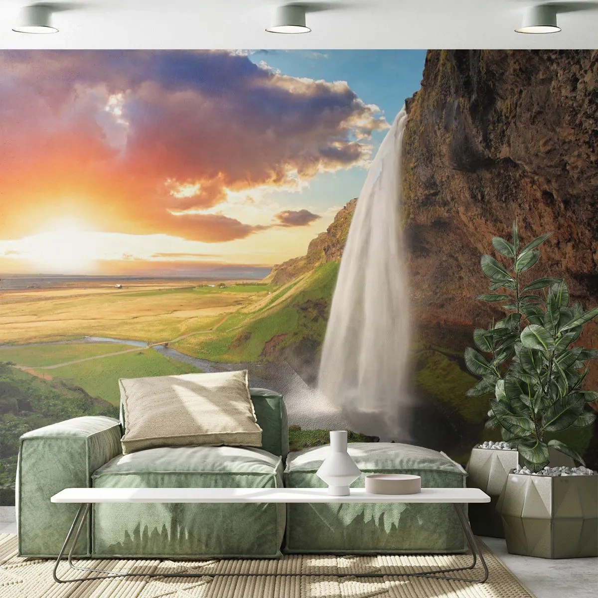 Fotomurali Autoadesivo Deluxe Sticker - Nel mezzo dell'estate islandese - Paesaggio, Cascata, Islanda - 250x175 cm
