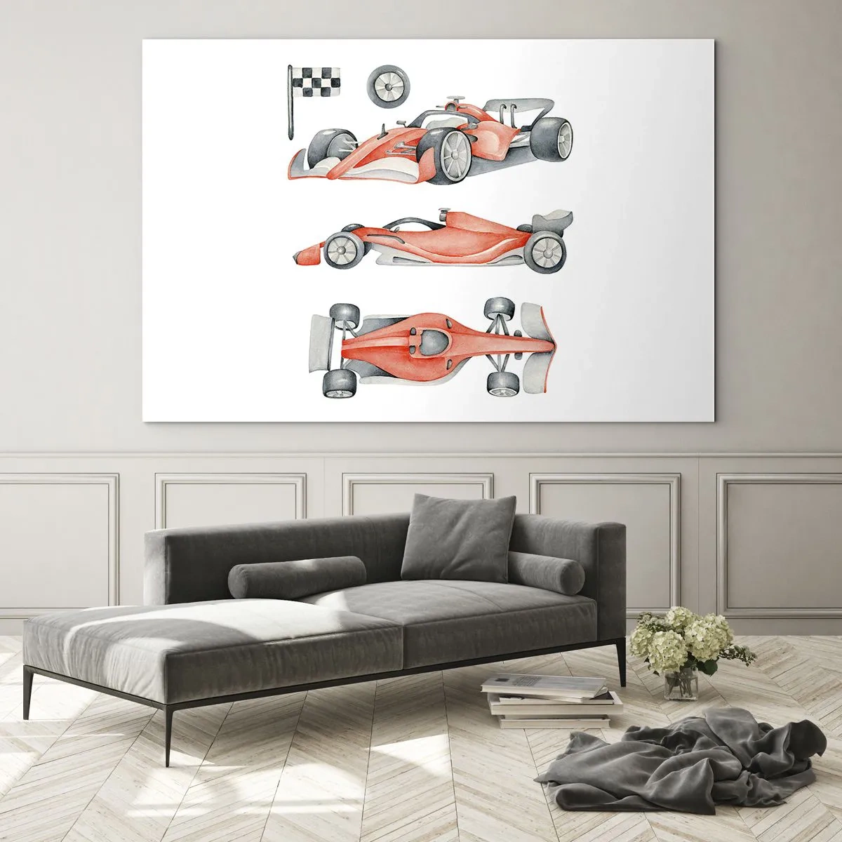 Quadro su vetro - Illustrazione a tre scatti di un'auto da corsa rossa con una bandiera da corsa - 70x50cm - Inseguendo i sogni - Decorazione murale moderna per soggiorno e camera da letto ARTTOR