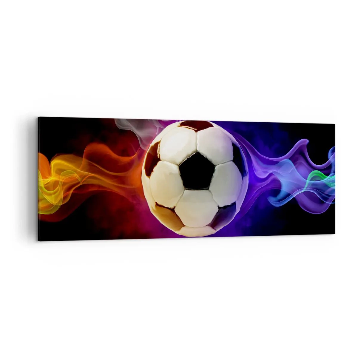 Quadro su tela - Stampe su Tela - Un pallone da calcio circondato da effetti di fumo colorati su uno sfondo scuro. - 140x50cm - La forza magica del gioco - Decorazione murale moderna per soggiorno e camera da letto ARTTOR