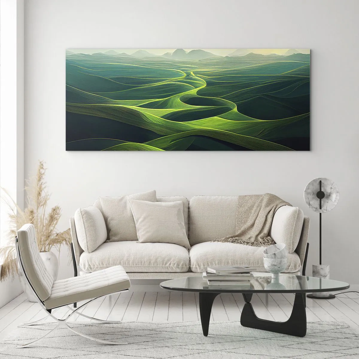 Quadro su vetro - Colline verdi con sentieri ondulati - 120x50cm - Nelle valli verdi - Decorazione murale moderna per soggiorno e camera da letto ARTTOR
