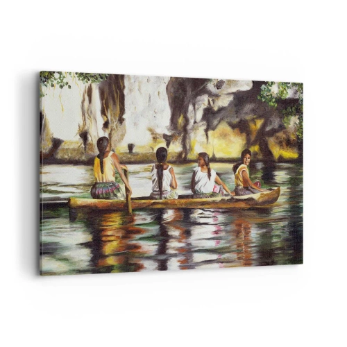 Quadro su tela - Stampe su Tela - Donne in barca su un fiume calmo con uno sfondo pittoresco - 120x80cm - Nel paradiso della Polinesia - Decorazione murale moderna per soggiorno e camera da letto ARTTOR