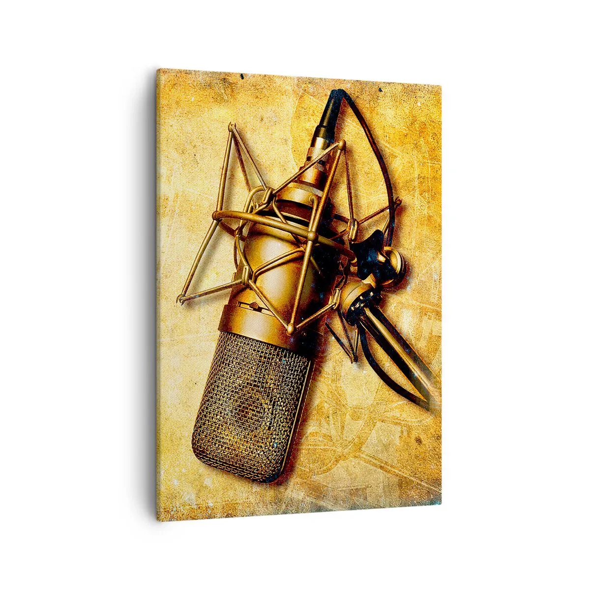 Quadro su tela - Stampe su Tela - Un microfono da studio dorato su uno sfondo vintage dai toni caldi. - 50x70cm - Gli anni d'oro della radio - Decorazione murale moderna per soggiorno e camera da letto ARTTOR