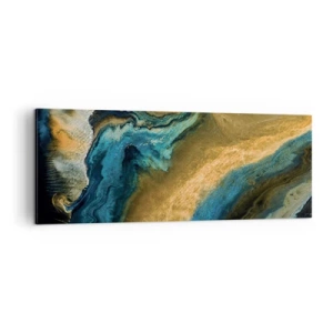 Quadro su tela - Stampe su Tela - Onde astratte nei toni dell'oro e del blu - 140x50cm - Blu-oro: influenza reciproca - Decorazione murale moderna per soggiorno e camera da letto ARTTOR