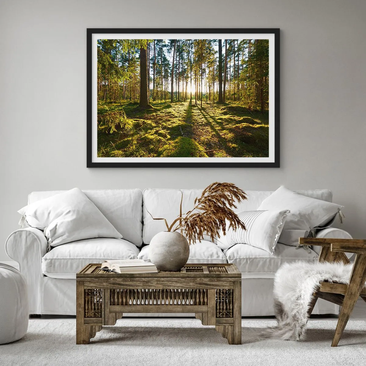 Poster in cornice nera - Foresta verde illuminata dalla luce del sole sul muschio - 100x70cm - …dopo sette foreste - Decorazione murale moderna per soggiorno e camera da letto ARTTOR