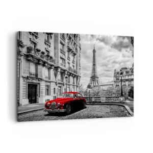 Quadro su tela - Stampe su Tela - Un'auto rossa con la Torre Eiffel sullo sfondo in un'ambientazione in bianco e nero - 100x70cm - Predatore in città - Decorazione murale moderna per soggiorno e camera da letto ARTTOR