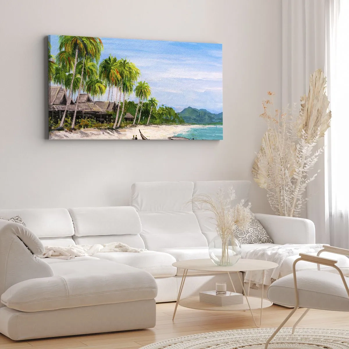 Quadro su tela - Stampe su Tela - Una spiaggia esotica con palme e una barca sulla riva - 160x50cm - Sogno esotico - Decorazione murale moderna per soggiorno e camera da letto ARTTOR