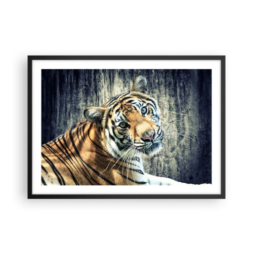 Poster in cornice nera - Una tigre sdraiata contro un muro dalla consistenza ruvida - 70x50cm - Ritratto nei flussi di luce - Decorazione murale moderna per soggiorno e camera da letto ARTTOR