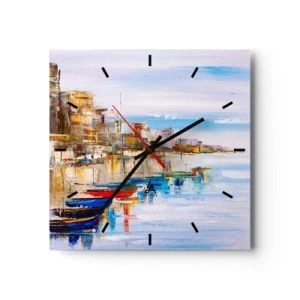Orologio da parete - Orologio in Vetro - Barche colorate sulla riva con vista sullo skyline della città - 30x30cm - Molo cittadino multicolore - Decorazione murale moderna per soggiorno e camera da letto ARTTOR