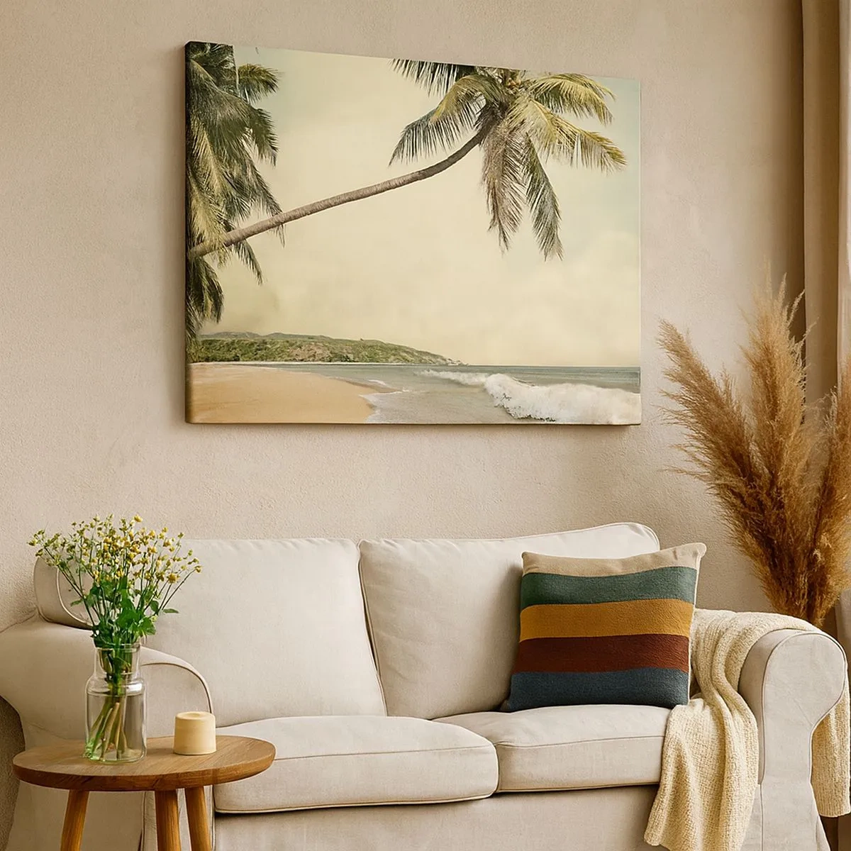 Quadro su tela - Stampe su Tela - Una spiaggia con palme sullo sfondo di un mare calmo - 70x50cm - Sogno tropicale - Decorazione murale moderna per soggiorno e camera da letto ARTTOR