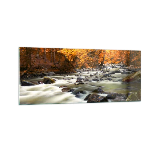 Quadro su vetro - Ruscello nel bosco dorato - 100x40 cm