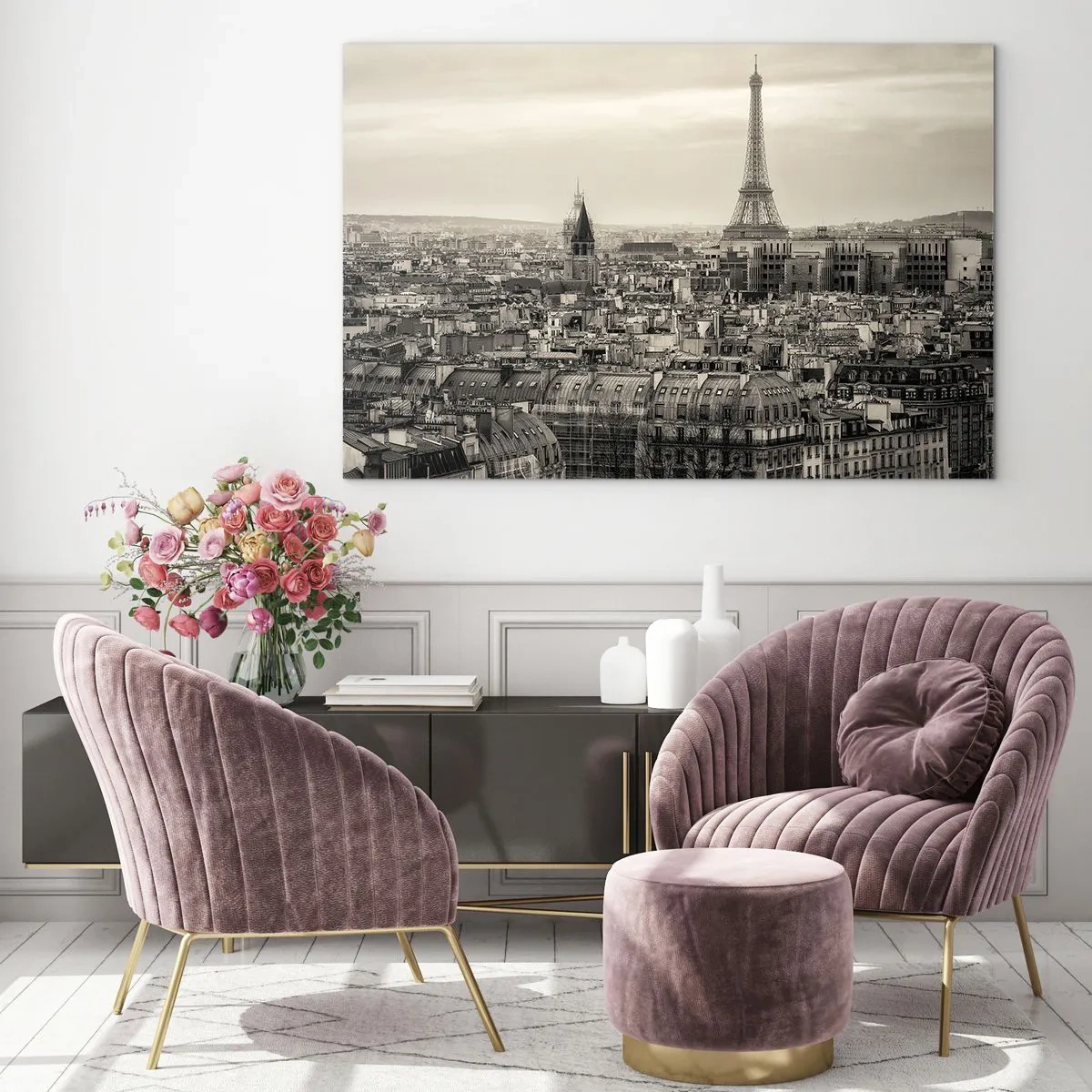 Quadro su vetro - Un panorama di Parigi con vista sulla Torre Eiffel nei toni seppia - 70x50cm - Sui tetti di Parigi - Decorazione murale moderna per soggiorno e camera da letto ARTTOR