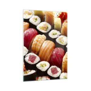 Quadro su vetro - Sushi colorati disposti in file con vari condimenti - 80x120cm - Colori e sapori dell'Asia - Decorazione murale moderna per soggiorno e camera da letto ARTTOR