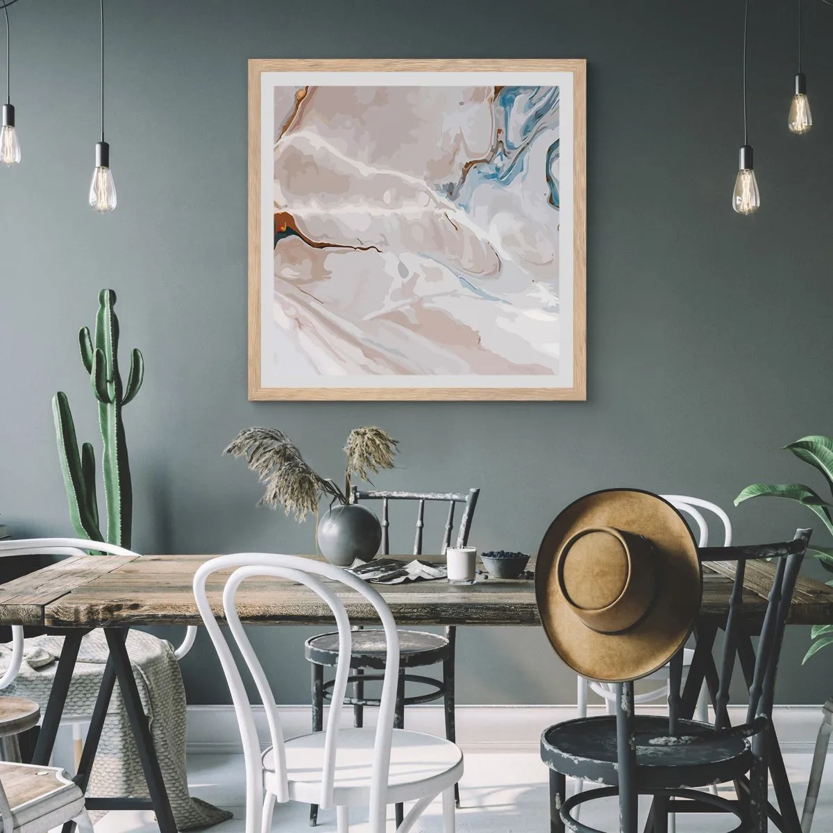 Poster in cornice rovere chiaro - Meandri blu sotto il bianco - 60x60 cm