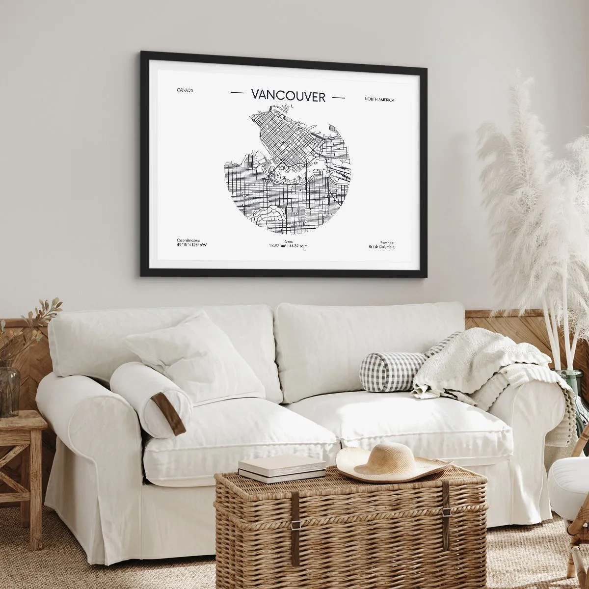 Poster in cornice nera - Una mappa di Vancouver in stile minimalista in bianco e nero - 70x50cm - Anatomia Vancouver - Decorazione murale moderna per soggiorno e camera da letto ARTTOR