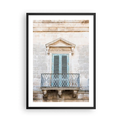 Poster in cornice nera - Balcone storico con persiane blu in stile mediterraneo - 50x70cm - Il fascino unico dell'Italia - Decorazione murale moderna per soggiorno e camera da letto ARTTOR