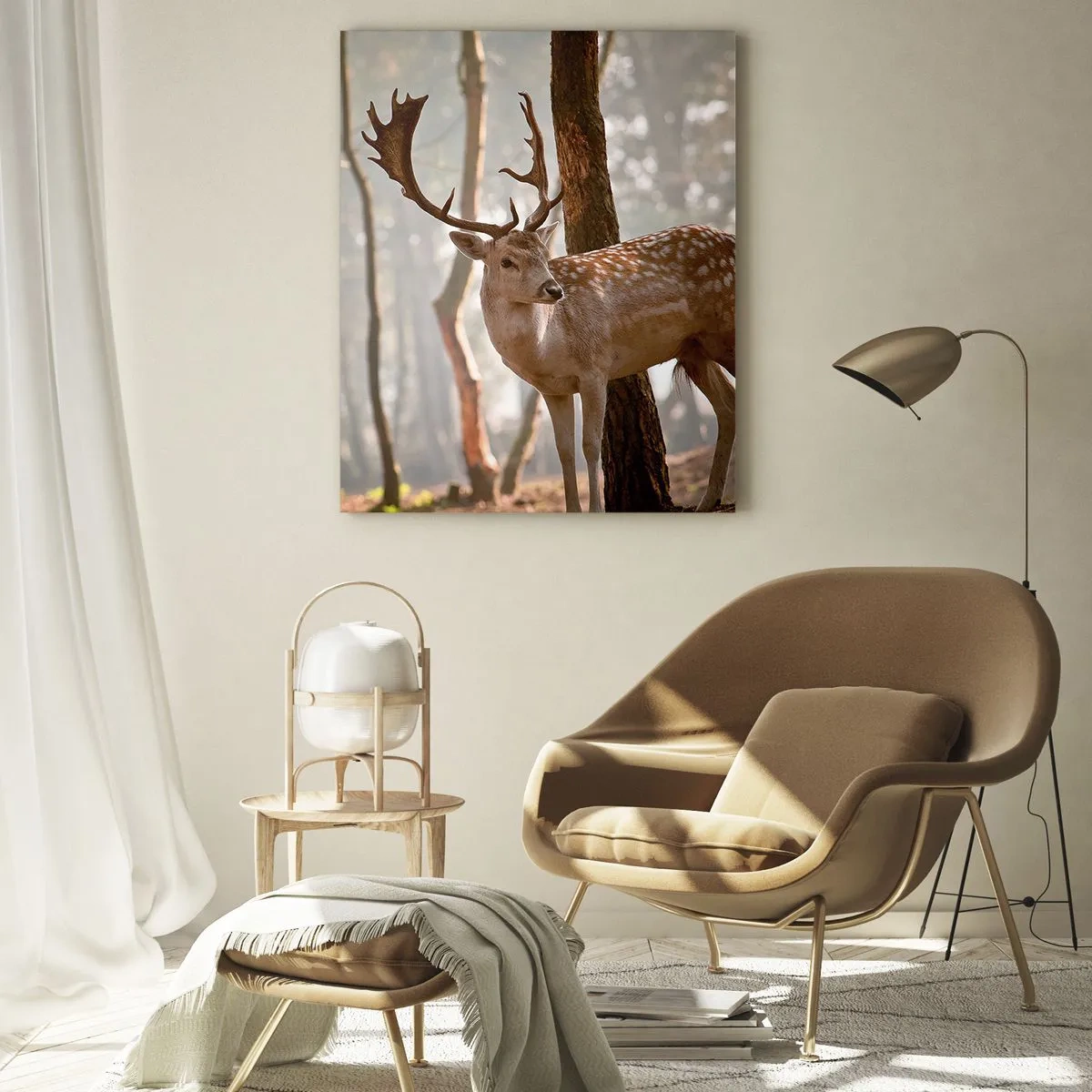 Quadro su vetro - Un cervo nella foresta circondato dalla nebbia mattutina - 50x70cm - La luce della giovinezza - Decorazione murale moderna per soggiorno e camera da letto ARTTOR