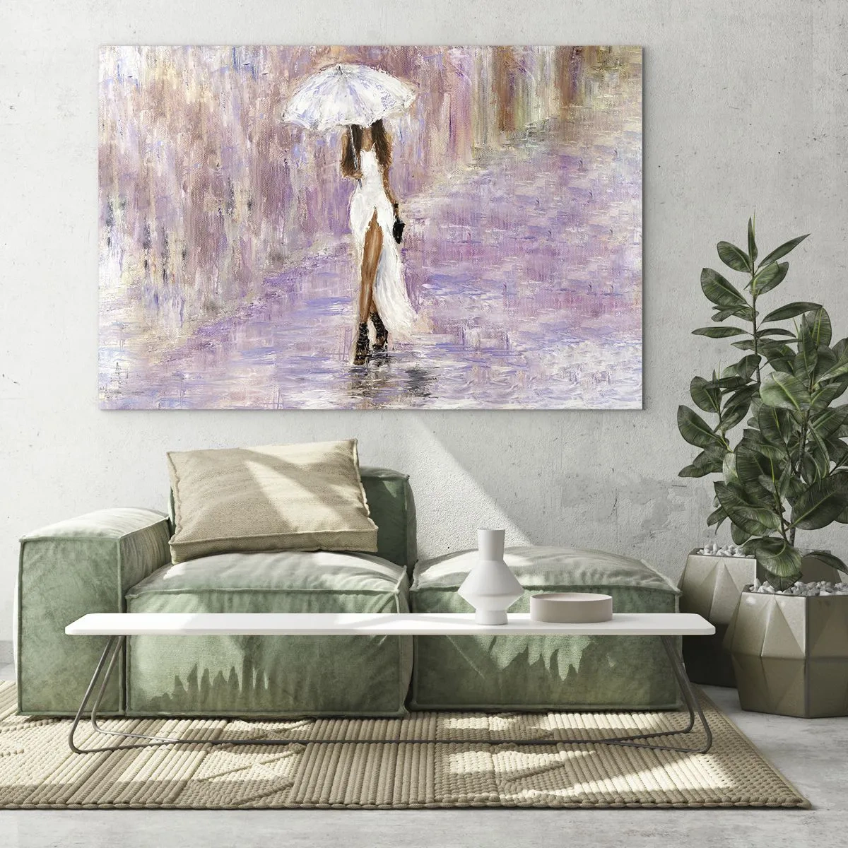 Quadro su vetro - Figura di una donna con un ombrello in una scena di pioggia lilla - 70x50cm - Nella pioggia lilla - Decorazione murale moderna per soggiorno e camera da letto ARTTOR