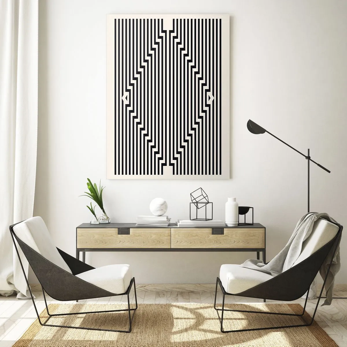 Quadro su vetro - Un affascinante motivo di linee bianche e nere che creano un'illusione - 50x70cm - Illusione geometrica - Decorazione murale moderna per soggiorno e camera da letto ARTTOR