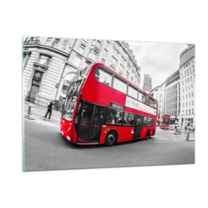 Quadro su vetro - Un autobus rosso in movimento sullo sfondo delle strade di Londra - 120x80cm - Londra tradizionalmente: by bus - Decorazione murale moderna per soggiorno e camera da letto ARTTOR