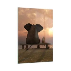 Quadro su vetro - Elefante e cane su una panchina al tramonto - 50x70cm - A volte bisogna tacere - Decorazione murale moderna per soggiorno e camera da letto ARTTOR
