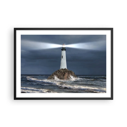 Poster in cornice nera - Un faro su una roccia circondato da un mare in tempesta - 70x50cm - Qui...qui... qui! - Decorazione murale moderna per soggiorno e camera da letto ARTTOR