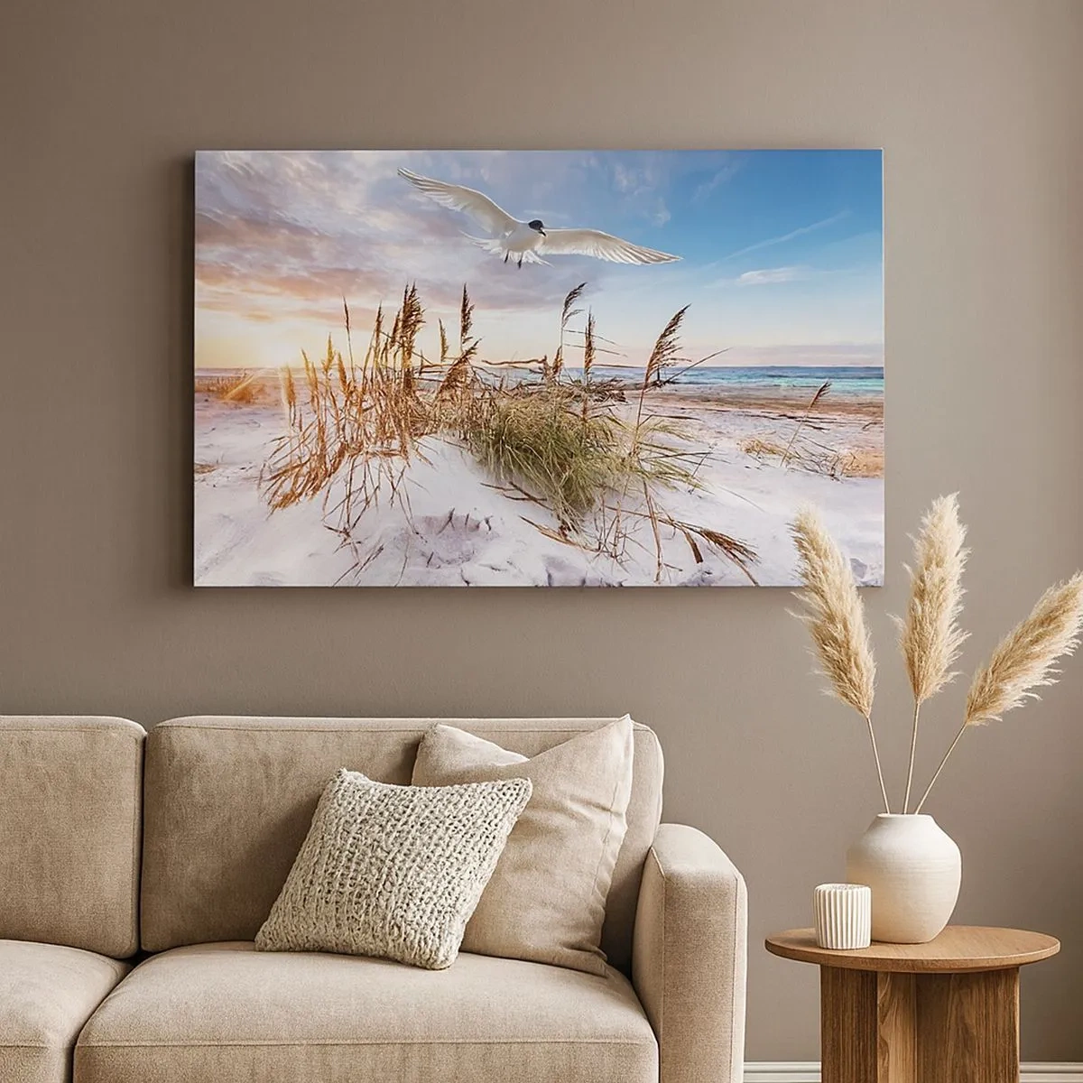 Quadro su tela - Stampe su Tela - Spiaggia con gabbiani che volano al tramonto - 70x50cm - Vento dal mare - Decorazione murale moderna per soggiorno e camera da letto ARTTOR