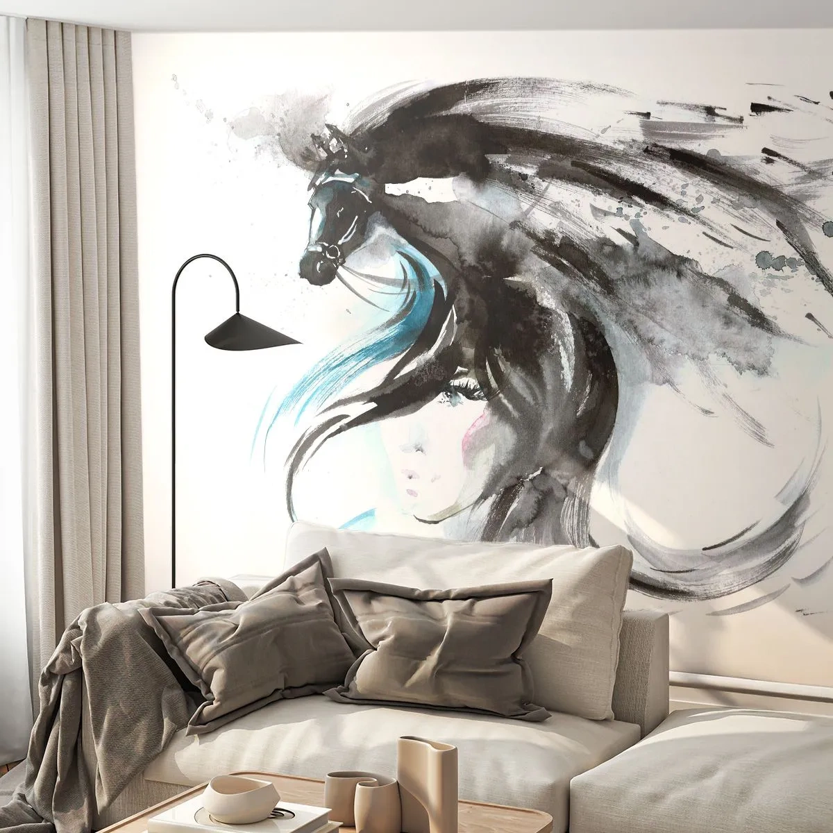 Fotomurali Premium Sand - Una donna e un cavallo in una composizione artistica in bianco e nero - 100x70cm - Il galoppo del Principe Nero - Decorazione murale moderna per soggiorno e camera da letto ARTTOR