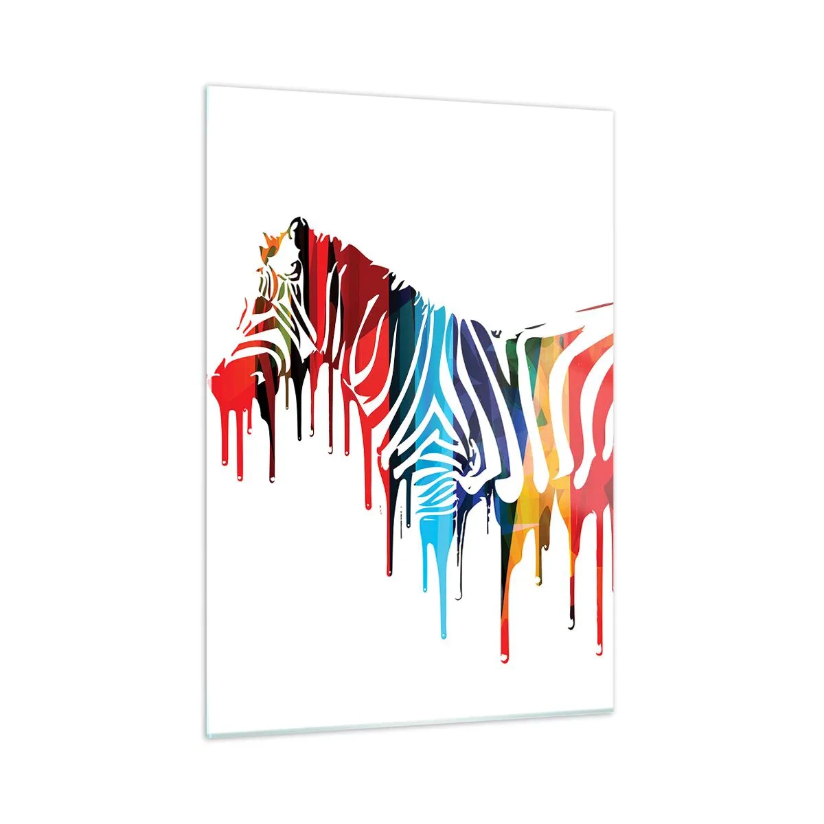 Quadro su vetro - Una zebra colorata in forma astratta con effetto vernice gocciolante. - 50x70cm - Non solo bianco e nero - Decorazione murale moderna per soggiorno e camera da letto ARTTOR