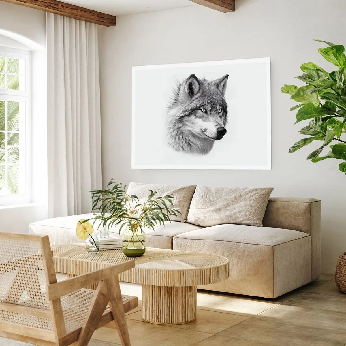 Poster - Un ritratto realistico di un lupo in tonalità di grigio. - 100x70cm - Alfa, senza dubbio - Decorazione murale moderna per soggiorno e camera da letto ARTTOR