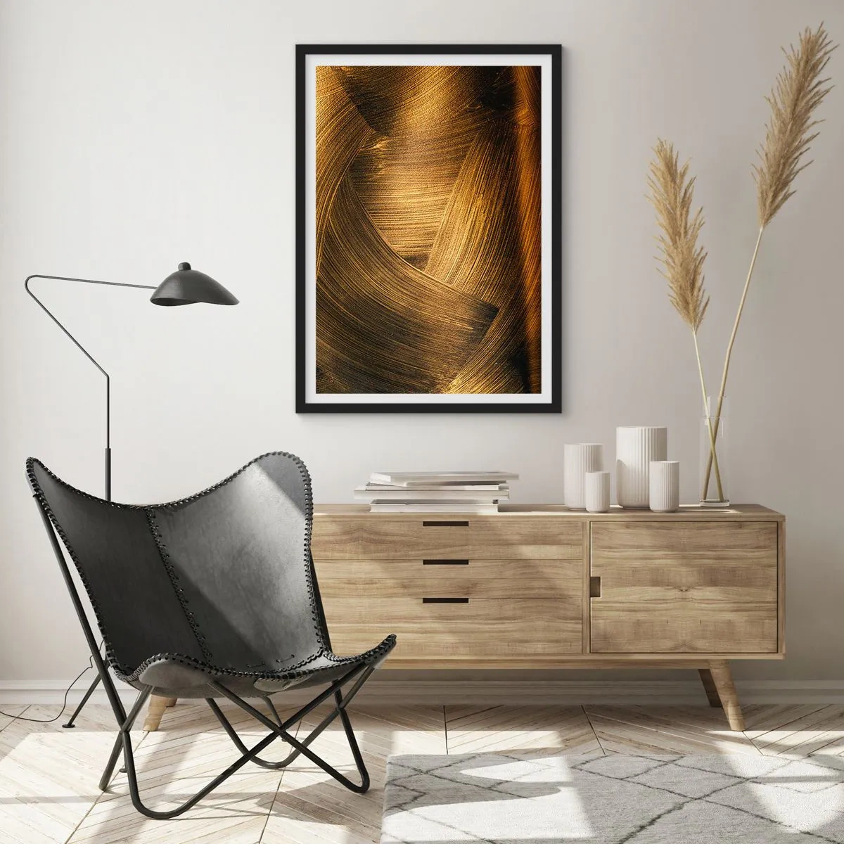 Poster in cornice nera - Pennellate astratte dorate su uno sfondo scuro - 50x70cm - Nel labirinto d'oro - Decorazione murale moderna per soggiorno e camera da letto ARTTOR