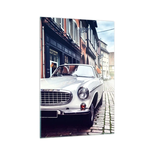 Quadro su vetro - Una classica auto bianca su una strada cittadina acciottolata - 70x100cm - Il passato è oggi - Decorazione murale moderna per soggiorno e camera da letto ARTTOR