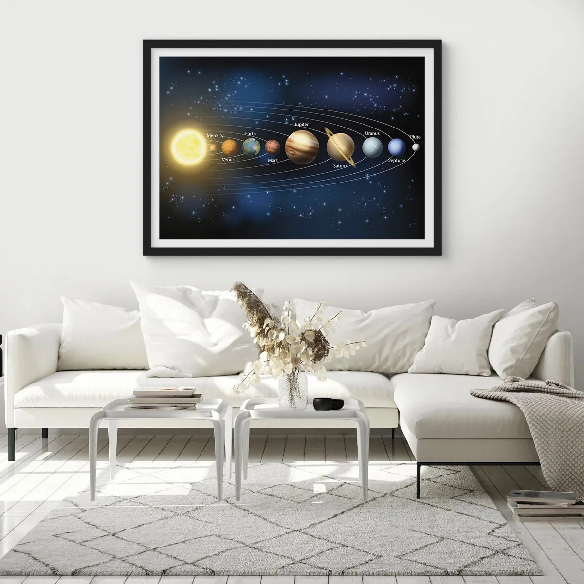 Poster in cornice nera - Schema del sistema solare con pianeti e sole - 70x50cm - Uno su dieci - Decorazione murale moderna per soggiorno e camera da letto ARTTOR