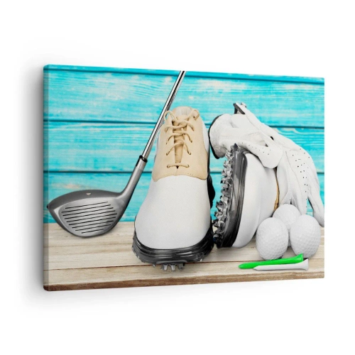 Quadro su tela - Stampe su Tela - Un set di accessori da golf su uno sfondo di legno - 70x50cm - Tutto è pronto - Decorazione murale moderna per soggiorno e camera da letto ARTTOR