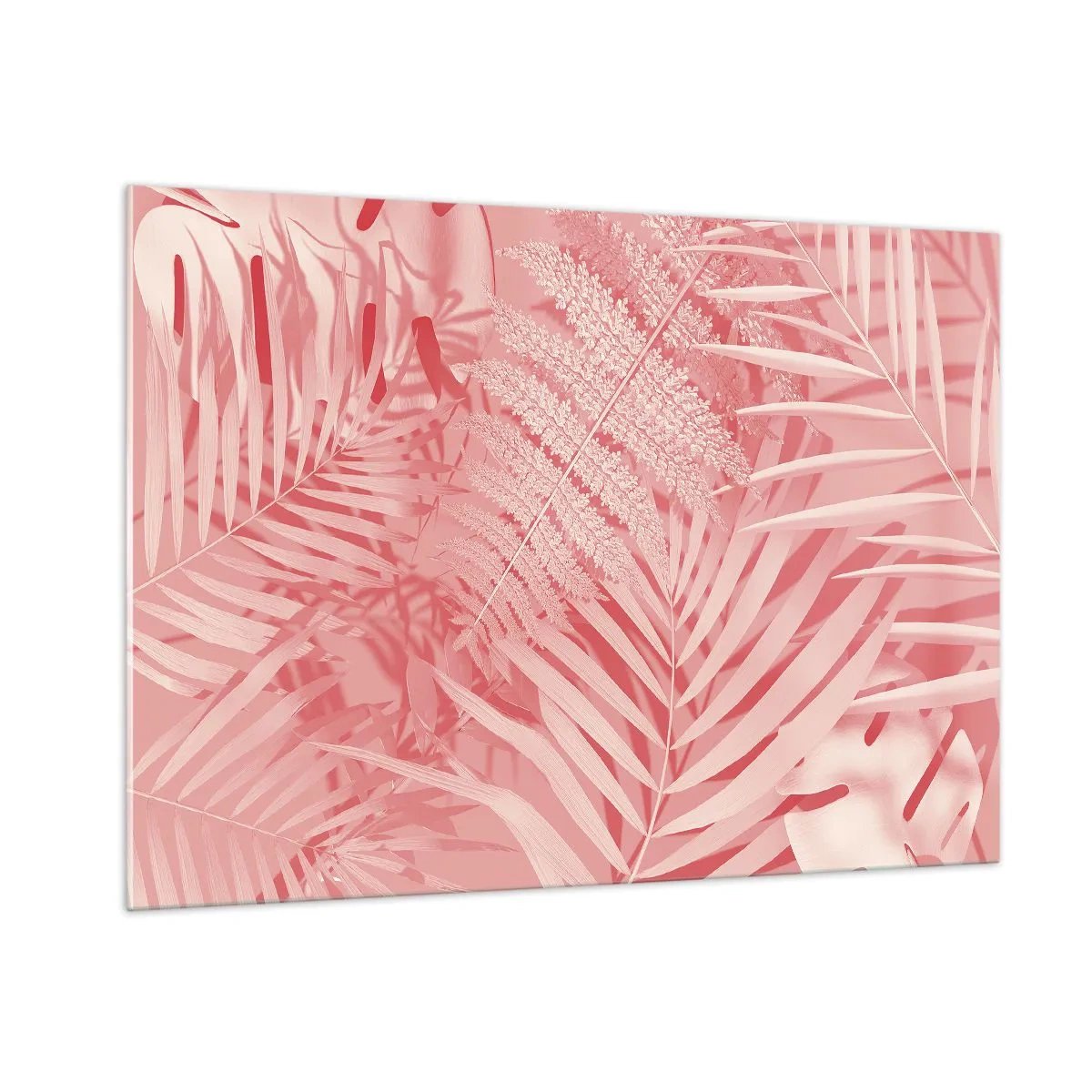 Quadro su vetro - Foglie tropicali rosa in una composizione moderna - 100x70cm - Concetto rosa - Decorazione murale moderna per soggiorno e camera da letto ARTTOR
