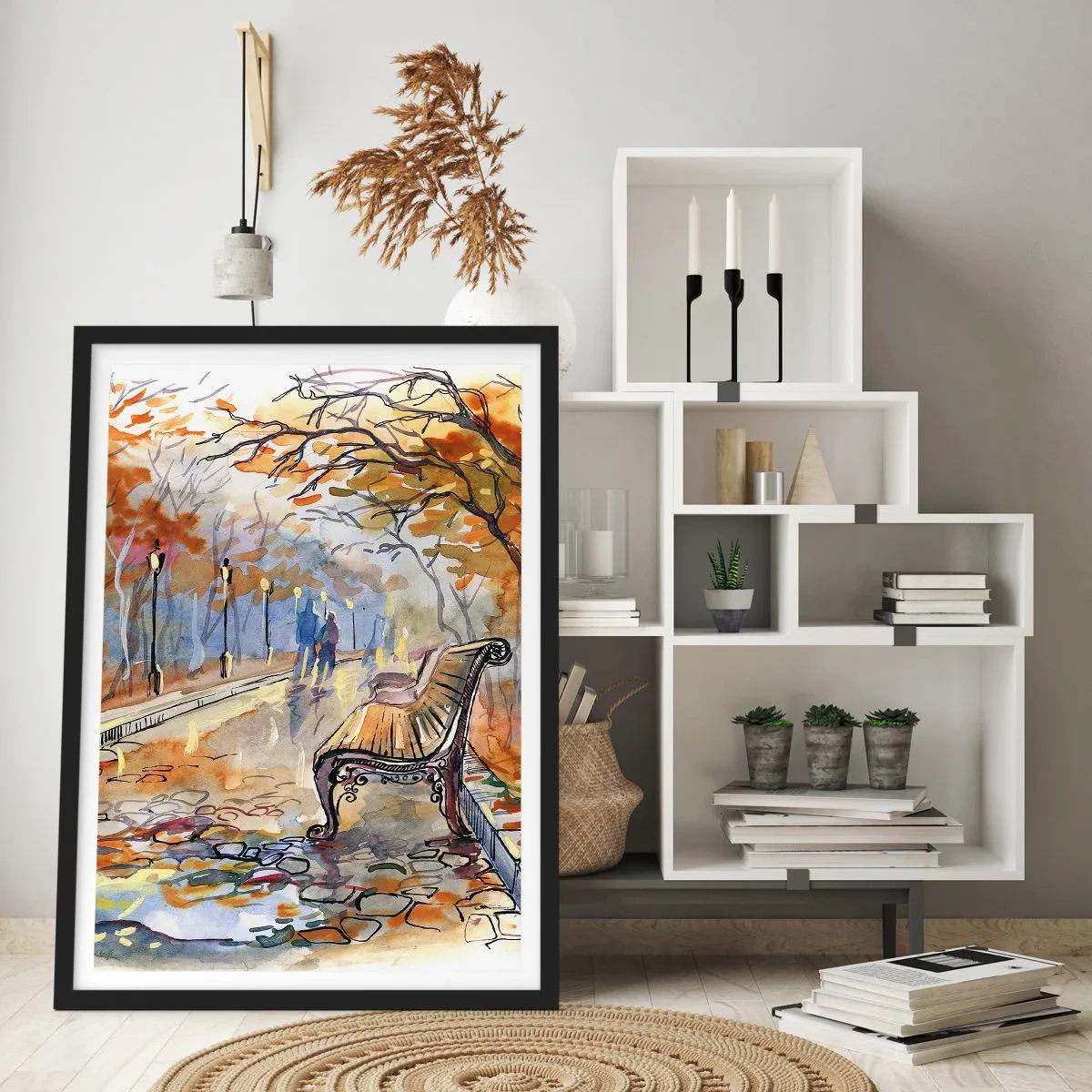 Poster in cornice nera - Panchina in un parco autunnale, acquerello - 50x70cm - Passeggiando insieme l'autunno - Decorazione murale moderna per soggiorno e camera da letto ARTTOR