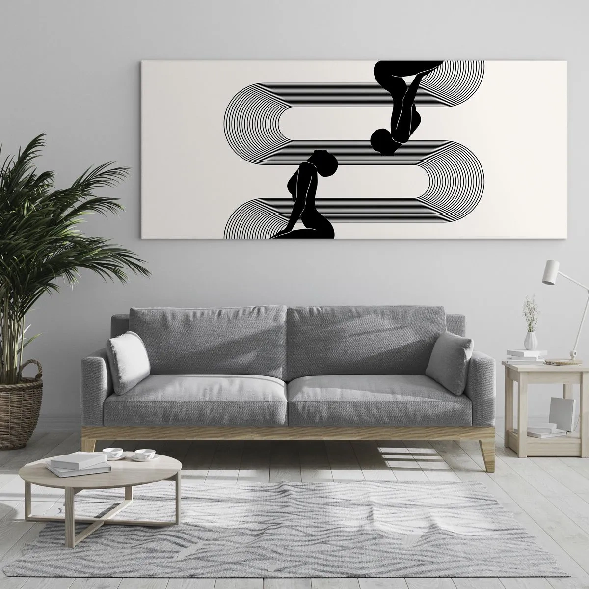 Quadro su vetro - Sagome nere con linee geometriche su sfondo chiaro - 120x50cm - Simmetria sensuale - Decorazione murale moderna per soggiorno e camera da letto ARTTOR