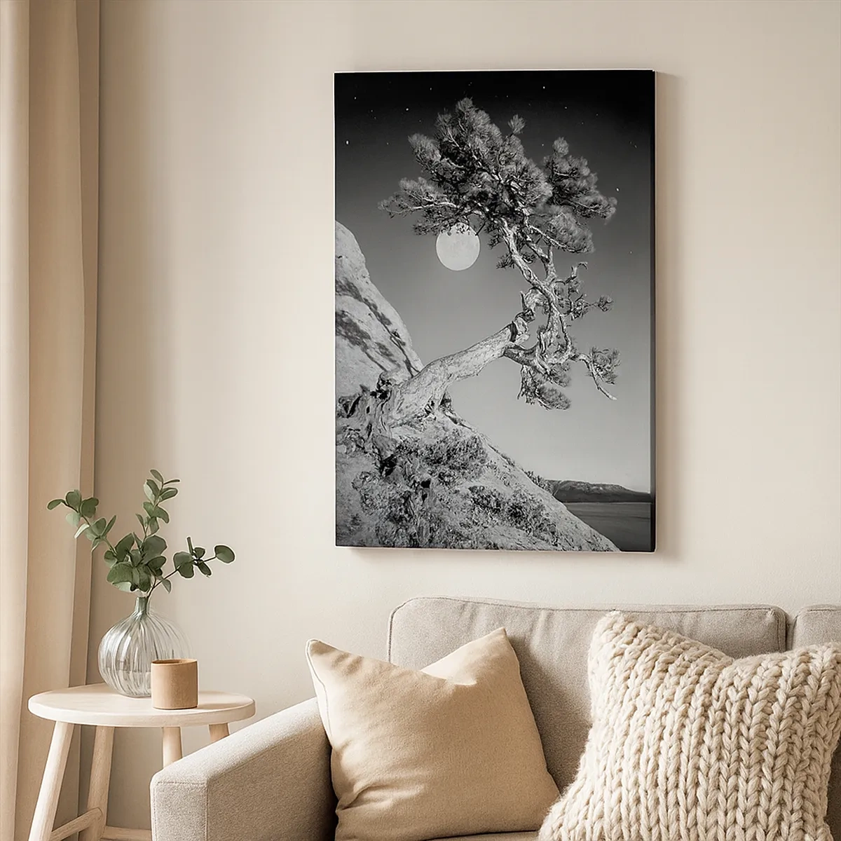Quadro su tela - Stampe su Tela - Albero bianco e nero su una scogliera con la luna sullo sfondo - 50x70cm - Guerriera vittoriosa - Decorazione murale moderna per soggiorno e camera da letto ARTTOR