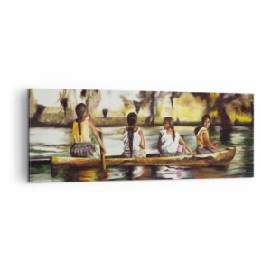 Quadro su tela - Stampe su Tela - Donne in barca su un fiume calmo con uno sfondo pittoresco - 140x50cm - Nel paradiso della Polinesia - Decorazione murale moderna per soggiorno e camera da letto ARTTOR