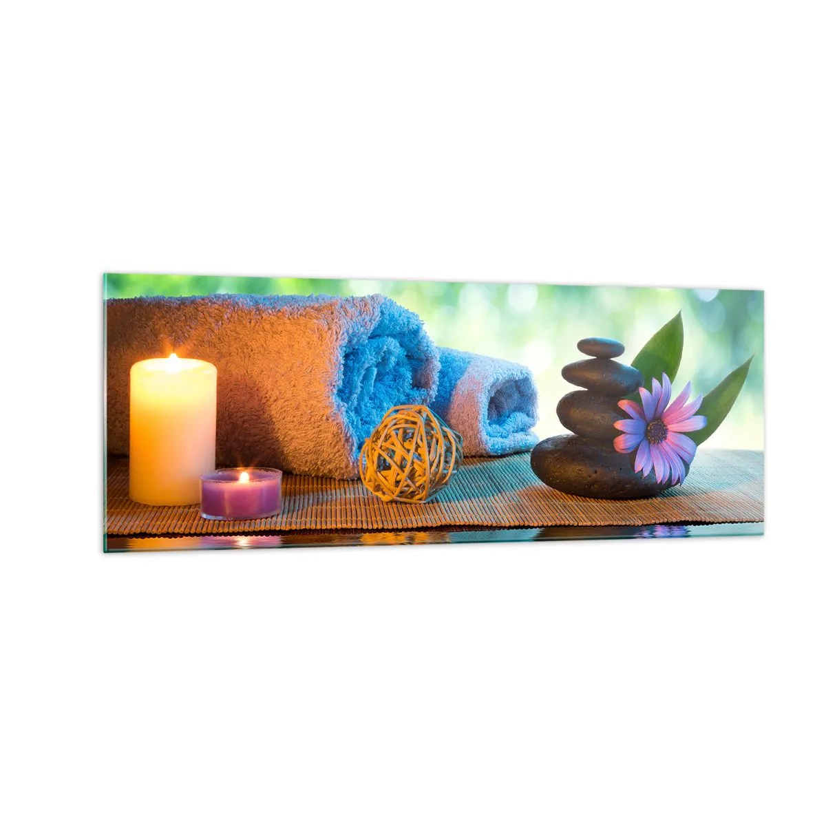 Quadro su vetro - Set SPA rilassante con asciugamani, candele e pietre - 140x50cm - Tempo per il corpo - Decorazione murale moderna per soggiorno e camera da letto ARTTOR