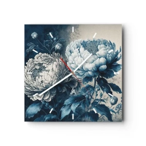 Orologio da parete - Orologio in Vetro - Peonie blu su uno sfondo tenue con un motivo delicato - 30x30cm - Coppia perfetta - Decorazione murale moderna per soggiorno e camera da letto ARTTOR