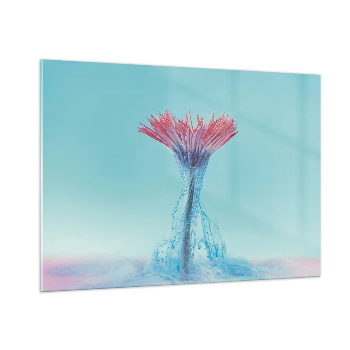 Quadro su vetro - Un fiore fantasioso immerso in una foschia blu e rosa - 100x70cm - L'abbraccio che ravviva - Decorazione murale moderna per soggiorno e camera da letto ARTTOR