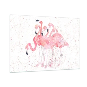 Quadro su vetro - Fenicotteri acquerellati su uno sfondo chiaro con punti delicati - 100x70cm - Gruppo in rosa - Decorazione murale moderna per soggiorno e camera da letto ARTTOR