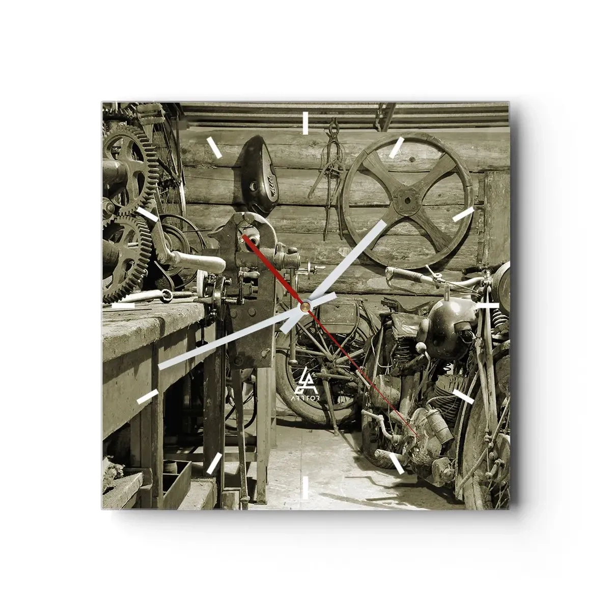 Orologio da parete - Orologio in Vetro - Officina retrò con motociclette e attrezzi - 30x30cm - Nel capanno di zio Alfredo - Decorazione murale moderna per soggiorno e camera da letto ARTTOR