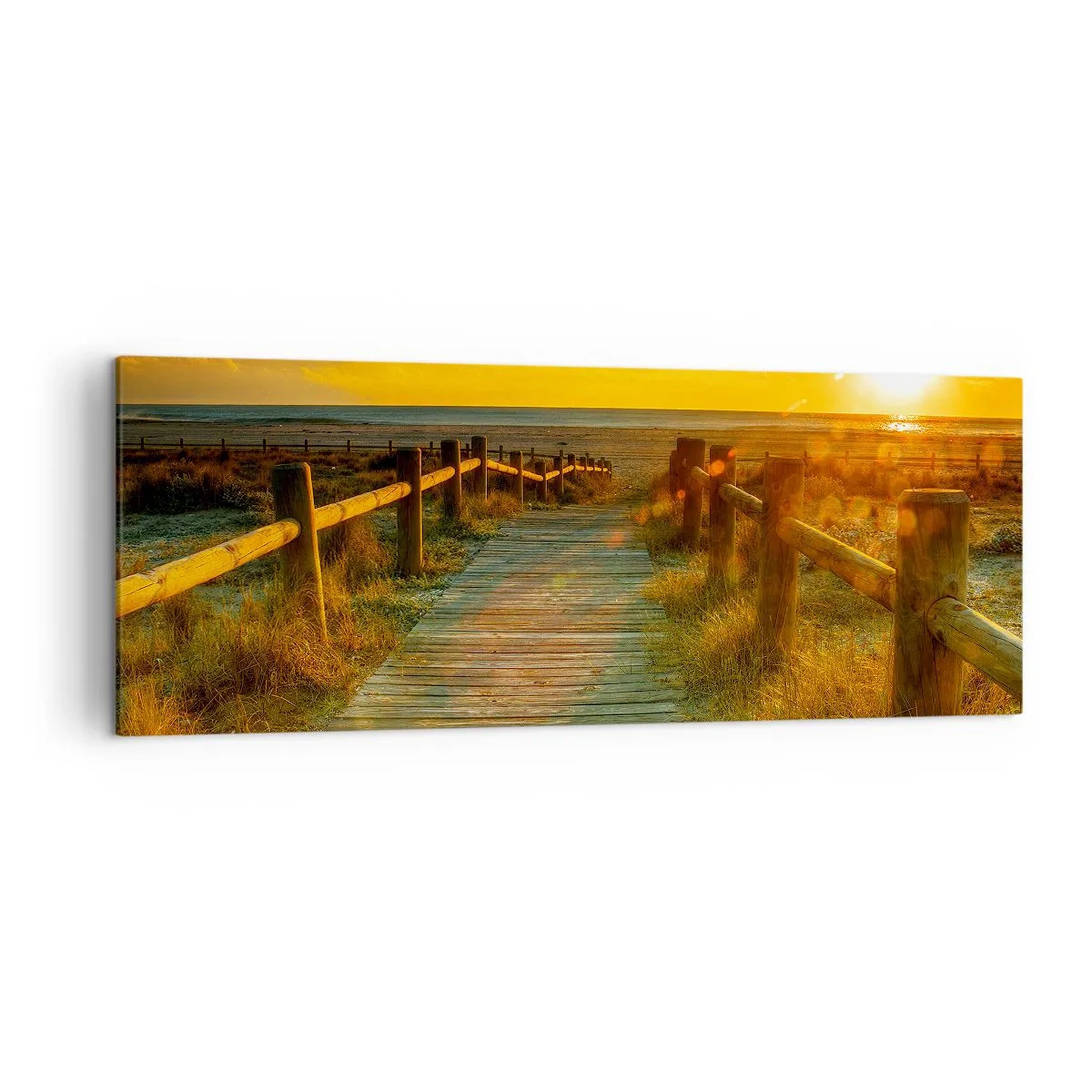 Quadro su tela - Stampe su Tela - Un sentiero in legno che conduce alla spiaggia al chiarore del sole al tramonto - 140x50cm - Immerse nell'oro vecchio - Decorazione murale moderna per soggiorno e camera da letto ARTTOR