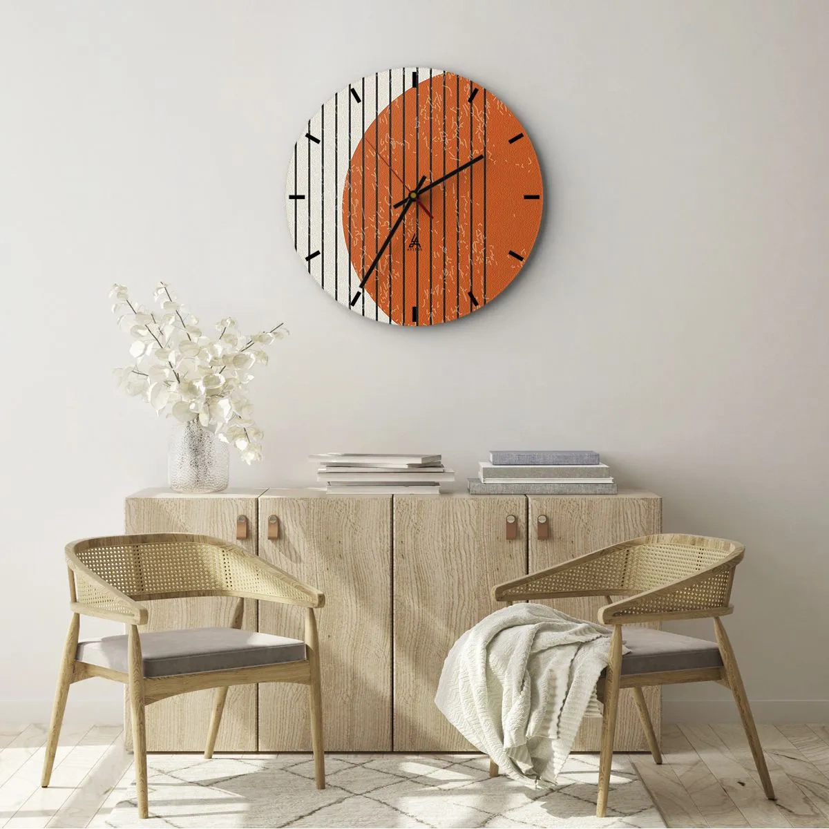 Orologio da parete - Orologio in Vetro - Cerchio arancione e linee nere su sfondo beige - 30x30cm - Sempre il sole - Decorazione murale moderna per soggiorno, cucina e camera da letto ARTTOR