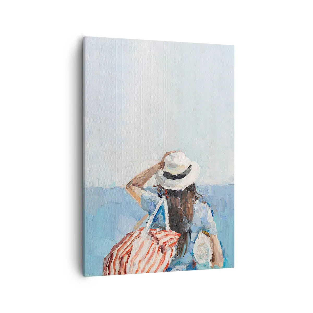 Quadro su tela - Stampe su Tela - Una donna con un cappello contro il mare blu - 50x70cm - Benvenuti in vacanza - Decorazione murale moderna per soggiorno e camera da letto ARTTOR