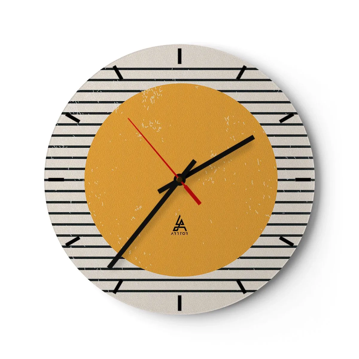 Orologio da parete - Orologio in Vetro - Un cerchio arancione su uno sfondo di strisce bianche e nere - 30x30cm - La forza della semplicità - Decorazione murale moderna per soggiorno, cucina e camera da letto ARTTOR