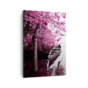 Quadro su tela - Stampe su Tela - Una barca sulla riva di un lago tra alberi rosa - 50x70cm - Nel silenzio rosa - Decorazione murale moderna per soggiorno e camera da letto ARTTOR