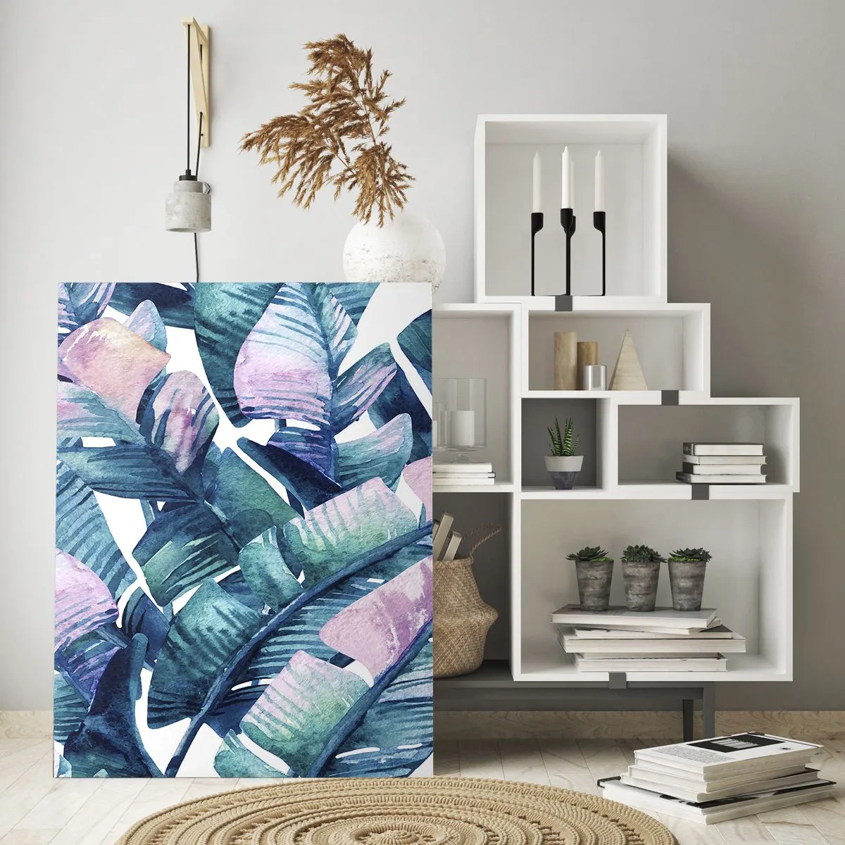 Quadro su vetro - Foglie di banano in tonalità pastello su sfondo bianco - 50x70cm - Nel bananeto - Decorazione murale moderna per soggiorno e camera da letto ARTTOR